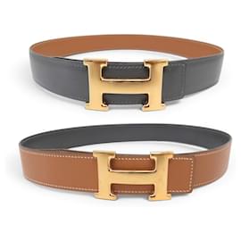 VINTAGE HERMES GÜRTEL H SCHNALLEN 32MM REVERSIBLES LEDER 72 BOX GRAU GOLD GÜRTEL - Hermès