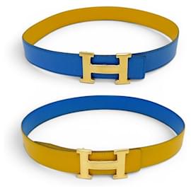 CINTURA VINTAGE HERMES FIBBIA H T75 PELLE REVERSIBLE EPSOM GIALLO BLU - Hermès