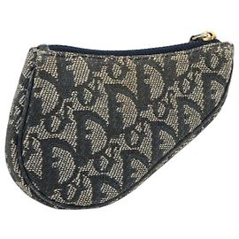 Christian Dior Trotter Canvas Saddle Monedero Navy Gold Auth bs35356