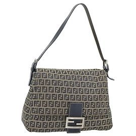 Bolso de hombro FENDI Zucchino Canvas Mamma Baguette Negro Marrón Auténtico 178902