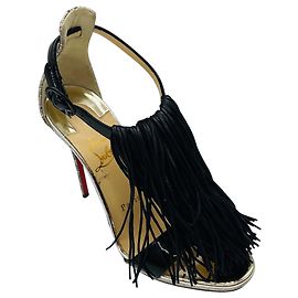Sandali Christian Louboutin Black / Silver Cassanovella 120 in pelle con frange e glitter