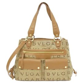 Bulgari Borsa a tracolla in tela beige e marrone Bvlgari
