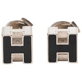 Hermès Silver Palladium Plated Enamel Cage D H Push Back Earrings