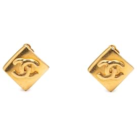 Orecchini Chanel Gold CC placcati oro a forma di rombo con clip