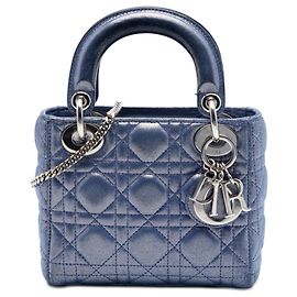 Lady Dior Cannage aus irisierendem Lammleder in Blau mini
