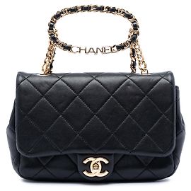 Chanel Black Small Quilted Lambskin Round Top Handle Flap