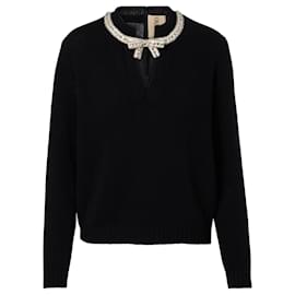 Valentino Schwarzer Wollpullover mit Perlenbesatz und Schleife