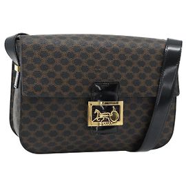 Céline CELINE Macadam Canvas Horse Carriage Tasche aus PVC und Leder Schwarz Gold Auth 182778V