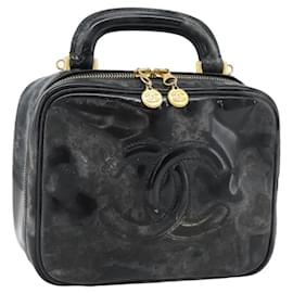 CHANEL COCO Mark Vanity Hand Bag Patent leather Black Gold CC Auth 181661