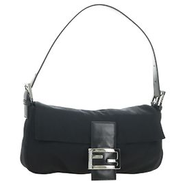 FENDI Mamma Baguette Shoulder Bag Cotton Black Silver Auth 182029SAM