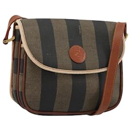 FENDI Pecan Canvas Schultertasche PVC Braun Gold Auth 182229 - Fendi