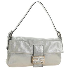 FENDI Sac bandoulière Mamma Baguette en cuir avec strass Argenté Authentique yk20386SM