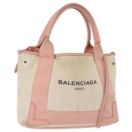 BALENCIAGA Cabas S Tote Bag aus Canvas und Leder Marineblau Beige Silber 390346 Auth BA13276