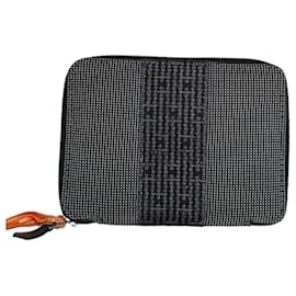 Hermès Vintage Hermes Canvas Reißverschluss-Portemonnaie Schwarz Grau Silber