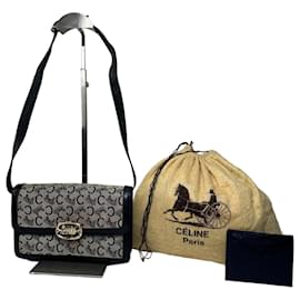 Vintage Celine C Logo Canvas Schultertasche Marineblau Beige Gold - Céline