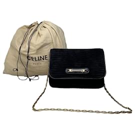 Borsa a tracolla vintage Celine in pelle nera con catena dorata - Céline