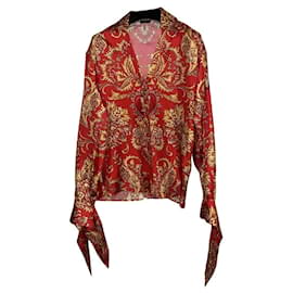 Versace Camicetta in Seta Stampa Barocca Rossa e Oro
