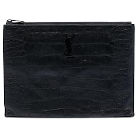 Portadocumenti con monogramma in pelle nera con stampa coccodrillo Saint Laurent