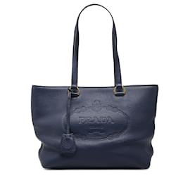 Prada Blue Vitello Daino Canapa Logo Tote