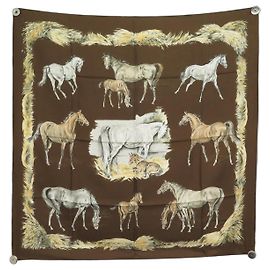 Hermès NUEVO PAÑUELO CUADRADO DE SEDA VINTAGE HERMES LES POULAINS 90 MARRÓN