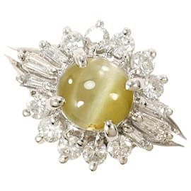 Autre Marque Platin-Ring mit Katzenauge und Diamant