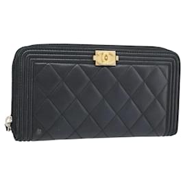 CHANEL Boy Chanel Long Wallet Lamb Skin Black Gold CC Auth 181946V
