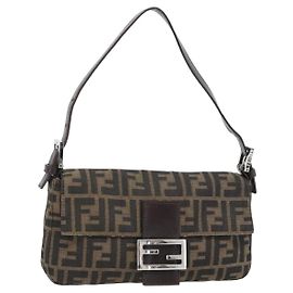 FENDI Zucca Canvas Mamma Baguette Shoulder Bag Black Brown Auth 181873SAM