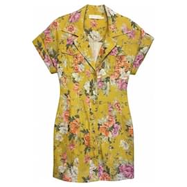Vestido mini de lino floral Pattie con puños ajustados Chartreuse Mustard Rose de Zimmermann
