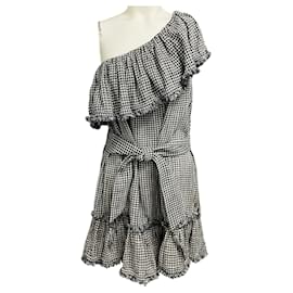 Zimmermann Black / White Gingham Check One Shoulder Linen Dress with Belt