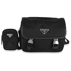 Borsa Messenger Prada Black Re-Nylon Saffiano Double Buckle