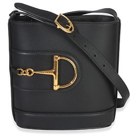 Gucci Hasler Horsebit 73 Small Bucket Bag aus glattem schwarzem Kalbsleder