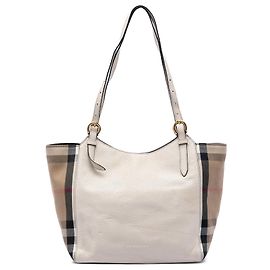 Burberry Canterbury Tote aus weißem Leder und House Check Canvas Small