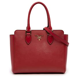 Prada Red Soft Calf Trimmed Saffiano Lux Zip Convertible Tote Tasche
