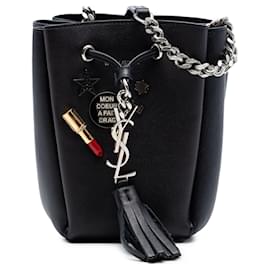 Borsa a secchiello bourse Saint Laurent in pelle nera con decorazioni monogramma mini
