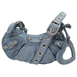 BORSA BALENCIAGA LE CAGOLE XS 671309 TELA DENIM BLU CON STRASS - Balenciaga