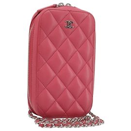 Pochette per Telefono CHANEL in Pelle di Agnello Rosa e Argento CC Autentica ka4502M