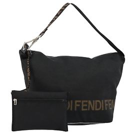 Borsa a Spalla FENDI Nylon Nero Oro Auth 180024