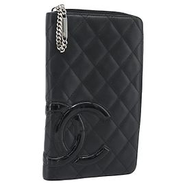 CHANEL Matelasse Cambon Line Long Wallet Leather Black Silver CC Auth 181675V