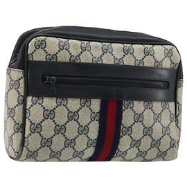 Clutch GUCCI GG Supreme Sherry Line PVC Blu Navy Rosso Auth 182400
