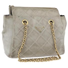 PRADA Chain Shoulder Bag Wildleder Grau Gold Auth bs35411