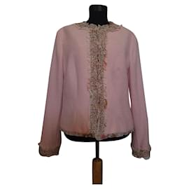 Escada Giacca in Tweed Rosa con Bordi Floreali