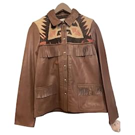 Armand Ventilo braune Lederjacke mit Fransen und geometrischem Muster