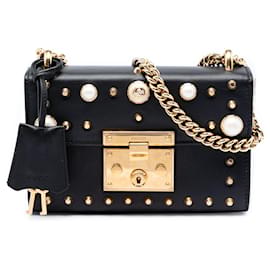 Borsa a tracolla Gucci Black Small Pearl Studded Leather Padlock