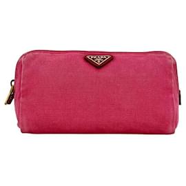 Pochette de lona rosa con placa Prada