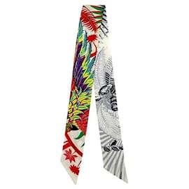 Sciarpa Twilly Hermès in seta bianca multicolore Phoenix