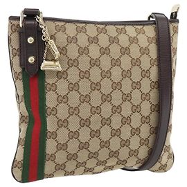 Borsa a tracolla GUCCI GG Canvas Web Sherry Line Beige Oro Rosso 144388 Auth 182113A