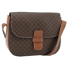 Céline Borsa a Spalla CELINE Macadam Canvas PVC Pelle Marrone Oro Auth ka4468