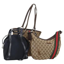 Borsa GUCCI GG Canvas Web Sherry Line in tela Set 3 Beige Red black Auth 181811