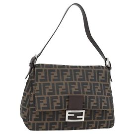 FENDI Zucca Canvas Mamma Baguette Borsa a Spalla Nero Marrone Auth 181898V