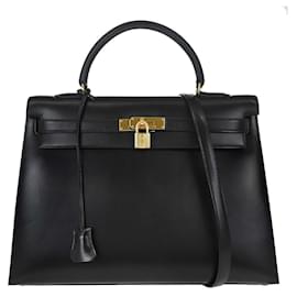 Borsa Hermes Kelly in pelle Box Black con finiture oro 35 - Hermès